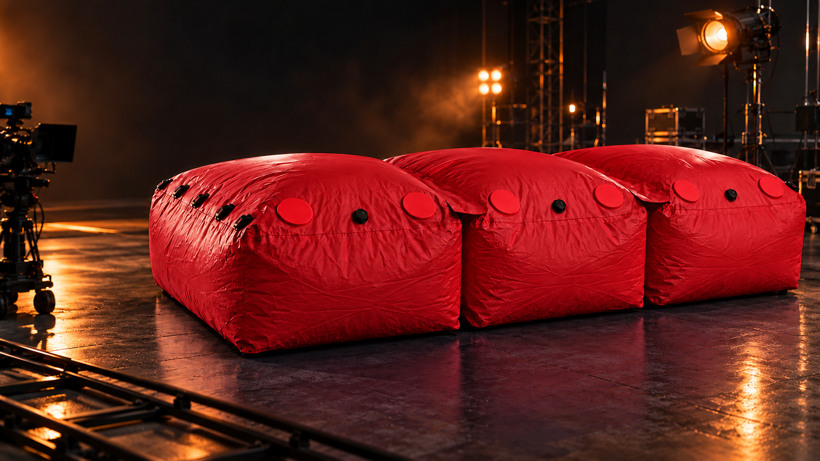 Three connected modular stunt bags in red on a film soundstage